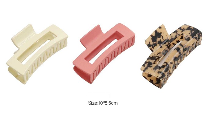 A series of rectangular hair claw clips available in various colors and patterns. Offered in differe...