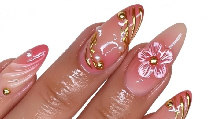 The Premium 3D Floral Fake Nails features 3D pink flowers, which have a ric...