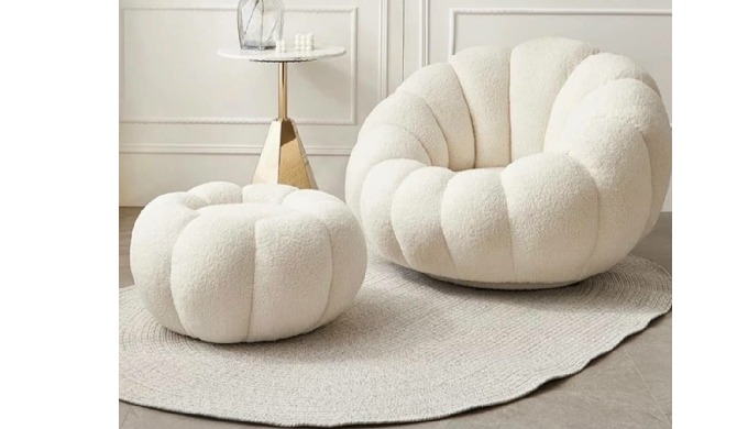 Shell Armchair with Stool, solid Beech wood framed, 35 DNS HR foamed, upholstered with Bouclet fabri...