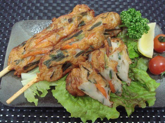 This is a traditional Japanese fish cake made of fresh fish meat has been minced and seasoned. Skewe...