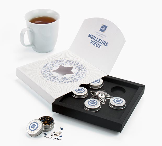 Carte de vœux cadeau Orienthé de CREIDEO est un magnifique coffret 5 thés assortis des JARDINS DE L'...