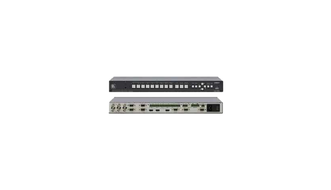 Escalador selector de señal, con paso x negro, Entrada 4VGA, 2HDMI, 2VC, salida 1HDMI, 1VGA