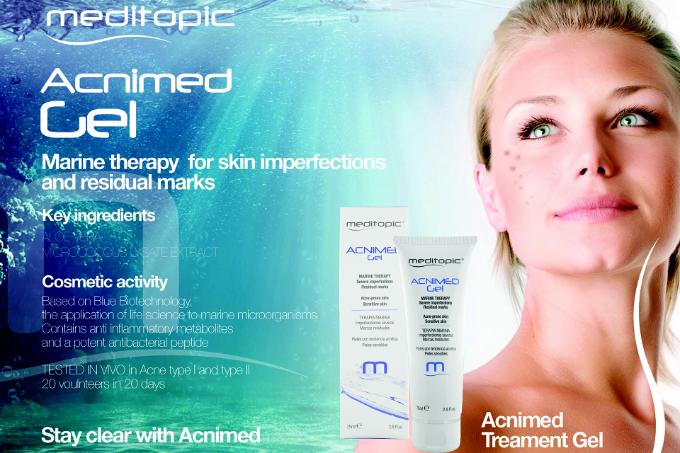 Terapia marina para pieles propensas al acné. Biotecnología azul para imperfecciones de la piel, mar...
