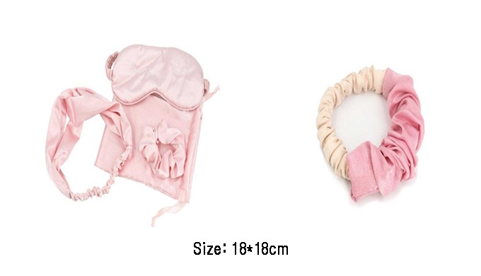 A set of hair accessories and sleep care items including an eye mask, headband, scrunchies, and vari...