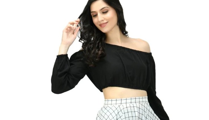 Black and white printed two-piece dress. Black Solid crop top, has a one shoulder neck, full sleeves...