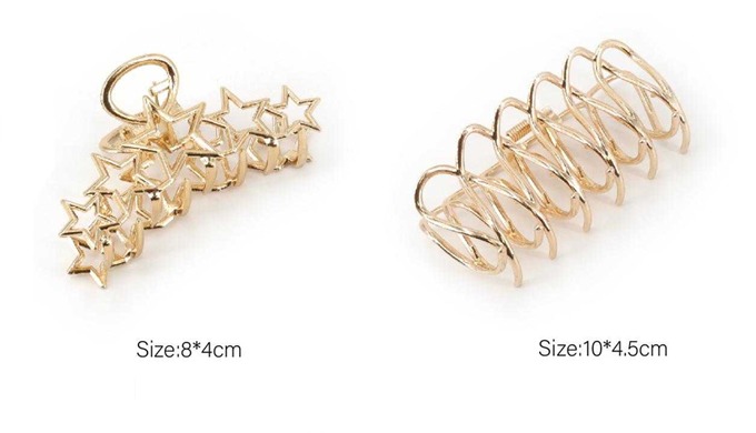 A set of metal hair claws in various designs, including star shapes, wave patterns, and simple frame...
