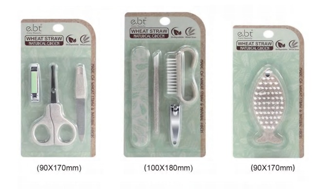 An eco-friendly beauty care line made with wheat straw material. Includes nail clippers, scissors, b...