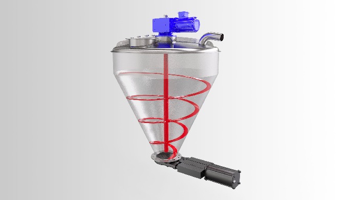 Weighing, filtering and blending station with vertical blender