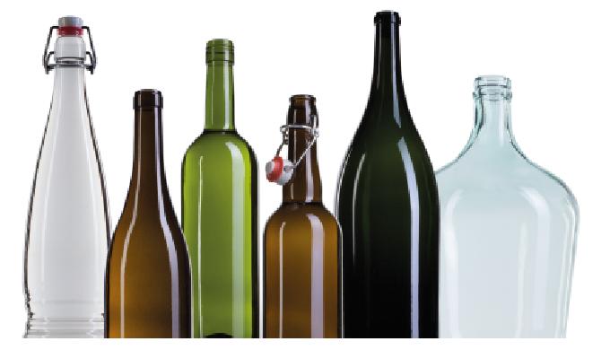 Glass bottles in all shapes and colors, for beer, water, wine, spirits, etc.
