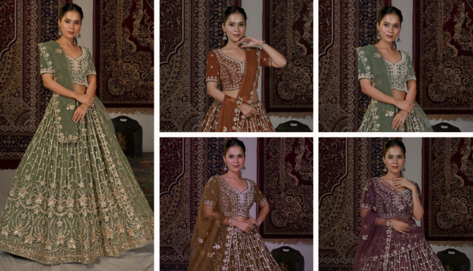 For a light yet glamorous aesthetic, this net lehenga set offers a beautiful play of transparency an...