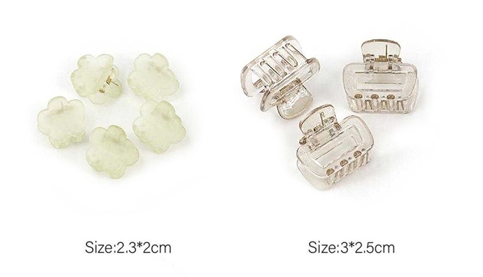 A mini hair claw set in various materials and designs, including flower shapes, matte finish, and tr...