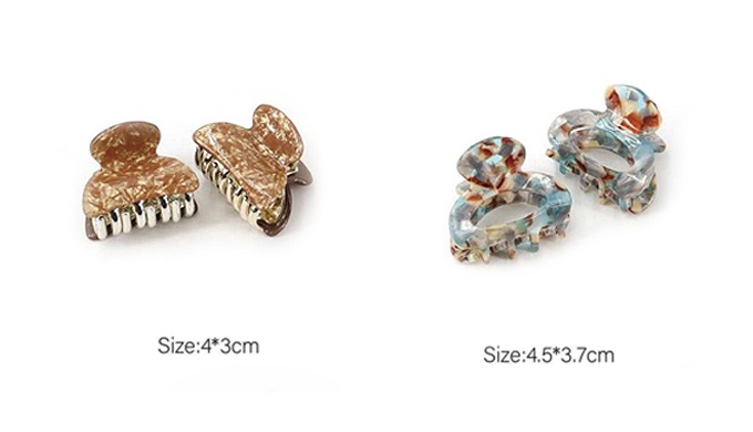 A set of mini hair claws and clips with unique designs and vibrant accent colors. Lightweight and po...