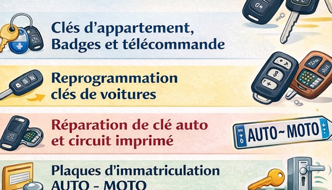 Cles maison voiture. Plaque d'immatriculation,tampon,cordonnerie,pile