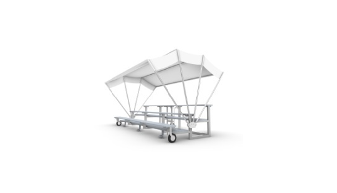Tribuna rimovibile con materiale leggero e ruote per aumentare la mobilità. Lo schermo parasole può ...