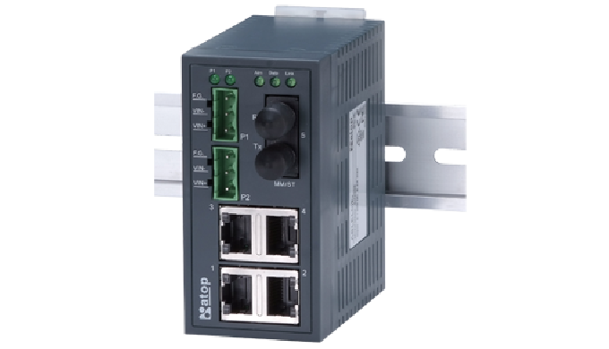 Industrial 5-Port Unmanaged Fast-Ethernet Switch with fiber optics, DIN-Rail mount, Plastic housing ...