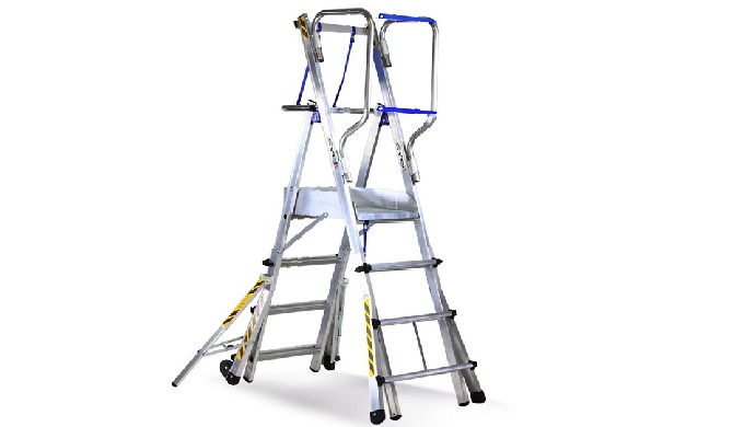Escalera de almacén de aluminio extruido. Es una escalera móvil con amplia plataforma equipada con e...