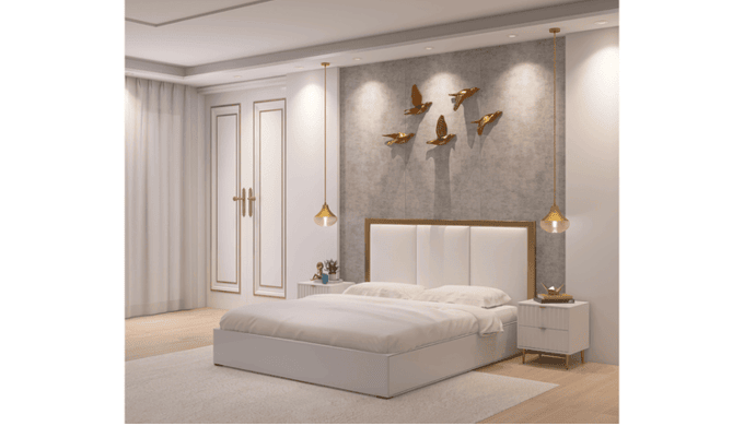 Modern bed for your bedroom, made with high-quality, ecofriendly plywood. Comes with a white upholst...