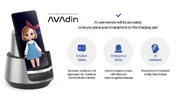 AVAdin Personal AI Assistant with wireless charger AI Tech : -안면 인식 및 동작 추적 소프트웨어 (자체 개발)를 사용 하여 앱에 ...
