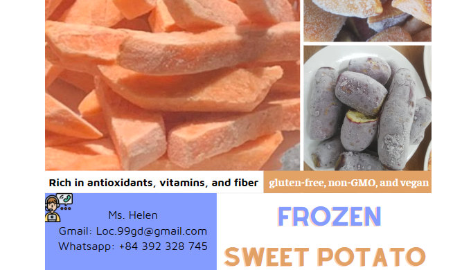 Specifications: Type: Frozen Sweet Potatoes. Taste: soft and sweet. Color: Natural Yellow Shelf life...