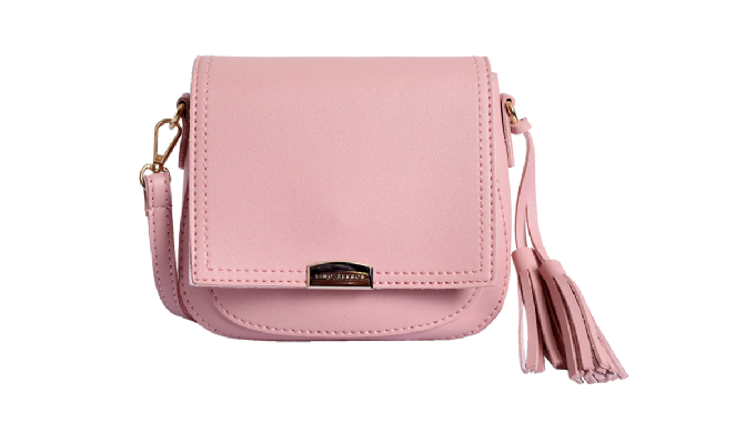 Pink sling bag with buckle detail has a tab across the mouth secured by a magnetic-button closure It...