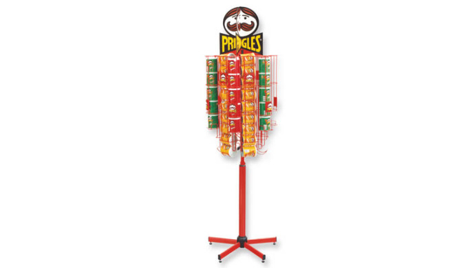 Soporte de chips giratorios Pringels.Los productos se colocan en el bastidor en asas de alimentación...