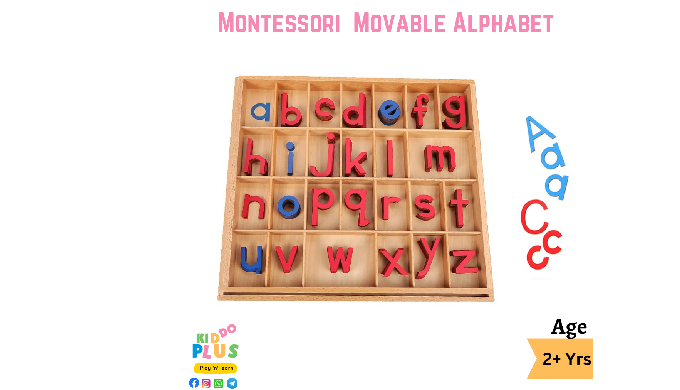 The Moveable Alphabet is a single wooden box with 26 compartments. There are 26 block letters printe...