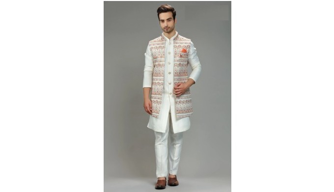 Go stylish with your attire and look handsome by wearing this Ivory color waistcoat set from Sachin'...