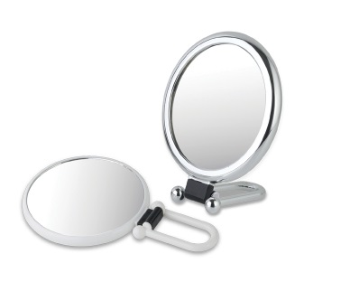 Round shape stand mirror. It can be used as a hand-held mirror or a wall mirror. A double sided mirr...