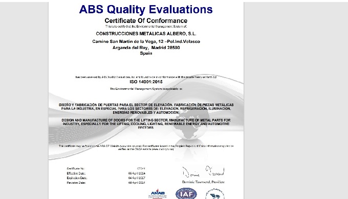 Construcciones Met&aacute;licas Albero consigue por primera vez el Certificado ISO 14001: 2015