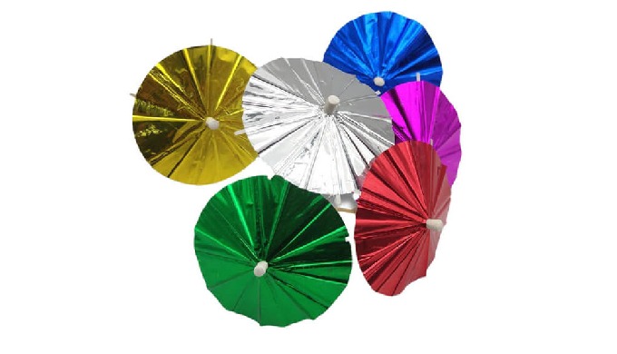 Shimmering Aluminum Foil Umbrella Toothpicks: Sleek & sturdy, these food-safe picks add metallic...