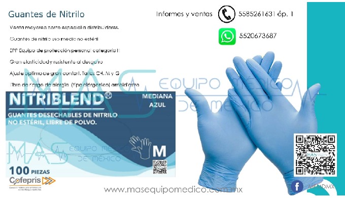 GUANTE DE NITRILO MARCA NITRIBLEND COLOR AZUL TALLA MEDIANA Y GRANDE. CERTIFICADOS CE, FDA, COFEPRIS...