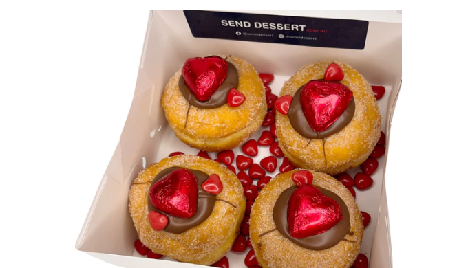 What's Included SEND LOVE IN A BOX 4 X Nutella donuts 4 X Heart chocolates and mini heart chocolate ...