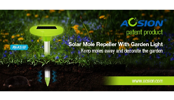 PRODUCT FEATURES: Aosion Garden Light Solar Mole Repeller Item No.: AN-A316F Color: Green+Silver Mat...