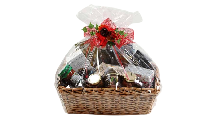 This large cane basket is packed with delectable treats. It contains delicious cookies, Luxury choco...