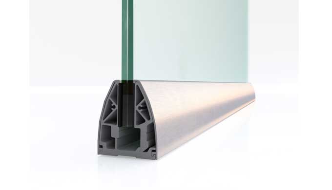 A glass railing mounting system which consists of a shallow, discrete aluminum profile, ideal for sm...