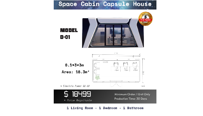 Model: D-01 Dimension: 6.1*3.0*3.0 m Area: 18.3㎡ Weight: About 3.5 Tons Rooms: 1 Bedroom, 1 Living R...