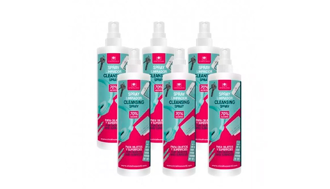 Pack de 6 unidades de spray higienizante multiusos para objetos y superficies. Contiene un 70% de al...