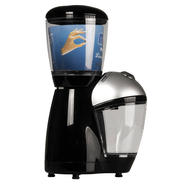 1.coffee bean quantity selector 2.LED's indicates when coffee is ground to coarse, medium or fine gr...