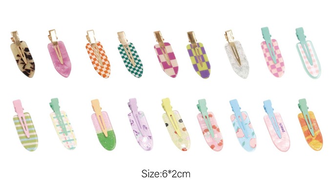 A set of vibrant patterned clips and minimalist matte bar hair pins for both everyday wear and state...