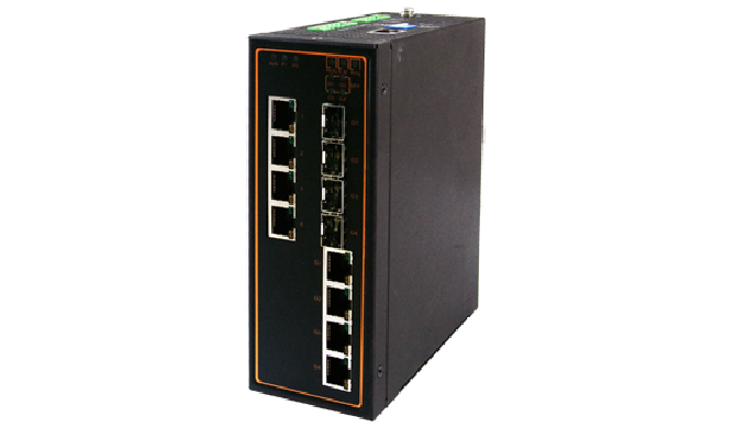 8-Port Industrial Managed Fast-Ethernet PoE Switch with Gigabit Uplinks, Profinet certified, DIN-Rai...
