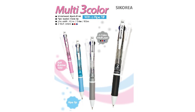 -Waterbased dyestuff ink -Pipe loaded inside tip -Line width : 0.3mm / 0.4mm / 0.5mm - 3 Multi color...