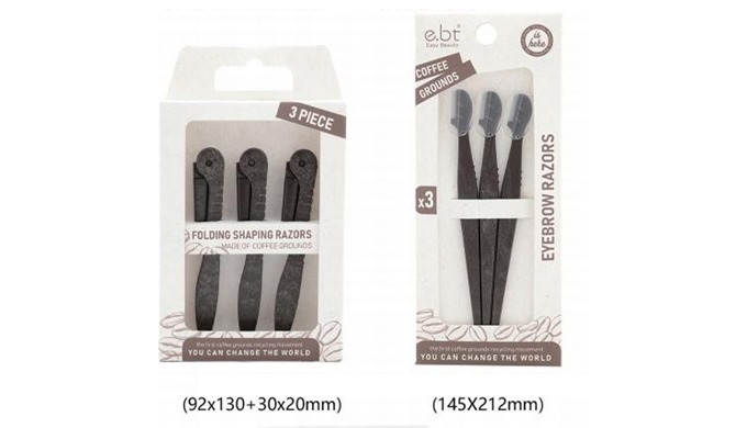 Eco-friendly eyebrow razors made with upcycled coffee grounds material. Available in folding and sta...