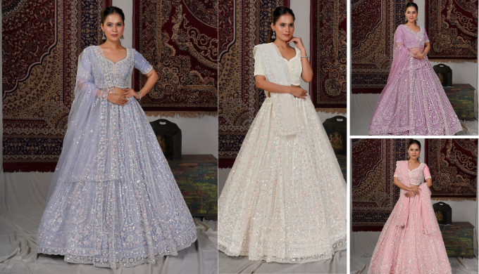 For a light yet glamorous aesthetic, this net lehenga set offers a beautiful play of transparency an...