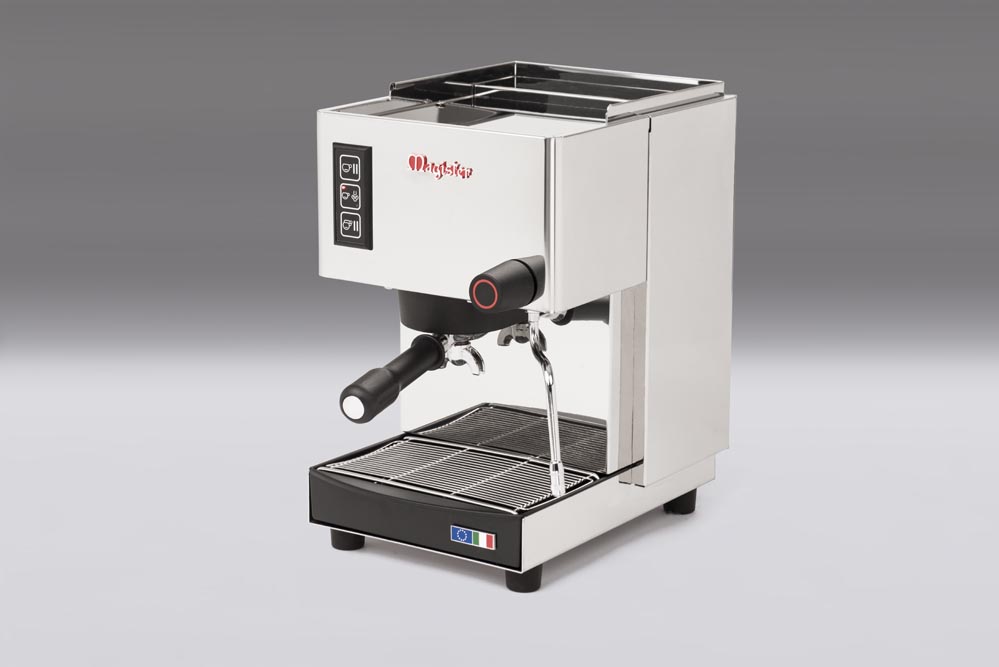Single group coffee machine with stainless steel body and steam wand