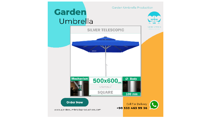 350x350 cm square Ø100 mm Silver aluminum body blue acrylic fabric, telescopic system cafe garden um...