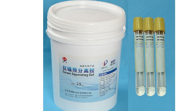 【产品名称】血清分离胶（抗辐射） 【规格】20kg/桶、25kg/桶 【产品性能】本品为无色透明胶体，气味淡，无杂质；具有生理惰性，不溶于水，相对比重1.045-1.065g/cm3，粘度100,00...