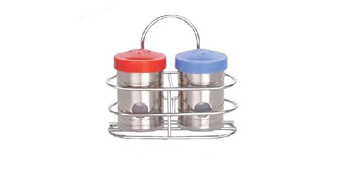 Stainless steel salt and pepper shaker set for your dining table. Tableware container with a stand f...