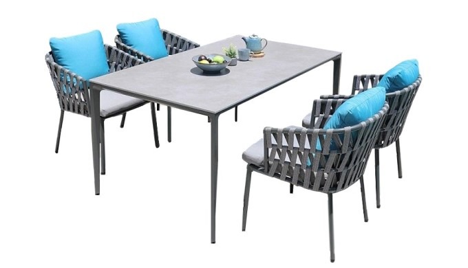 CZ015 4+1pcs Rectangular Sintered Stone Dining Set with stylish high quality rope weaving chairs, de...