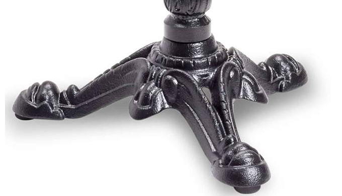 The bistro ornate three-leg cast iron table base is a decorative and functional contract-grade table...