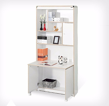 Folding Desk -Space utilization -Fold: Book Shelf -Open: Desk & Shelf Company name: WOODFEEL FUR...